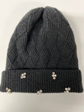 Lane Bryant Black Knit Beanie with Pearl & Crystal Accents